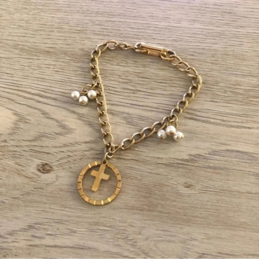 Vintage Gold Tone Cross Faux Pearl Brace